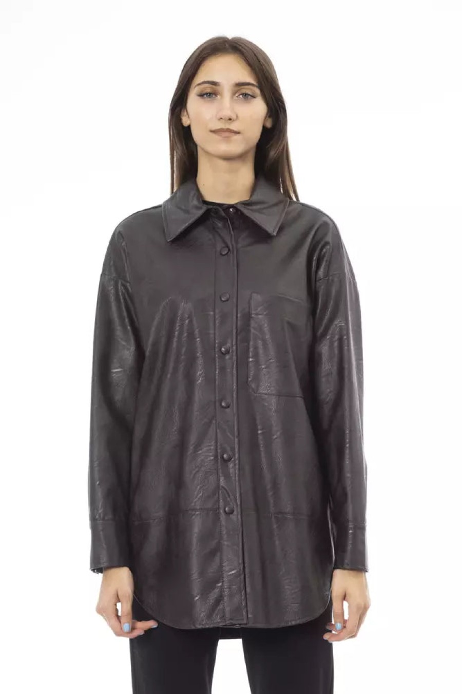 Women Alpha Studio Women'S Shirts | Alpha Studio Chic Brown Leatherette Shirt With Front Pocket