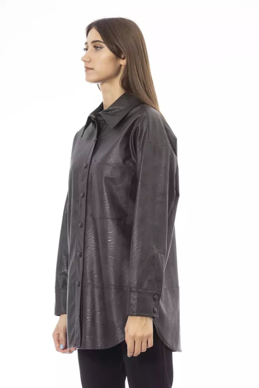 Women Alpha Studio Women'S Shirts | Alpha Studio Chic Brown Leatherette Shirt With Front Pocket