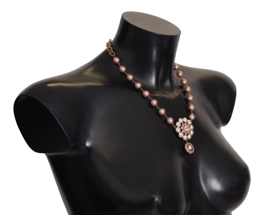 Women Dolce & Gabbana Women'S Necklaces | Dolce & Gabbana Gold Brass Crystal Pink Faux Pearl Pendants Necklace