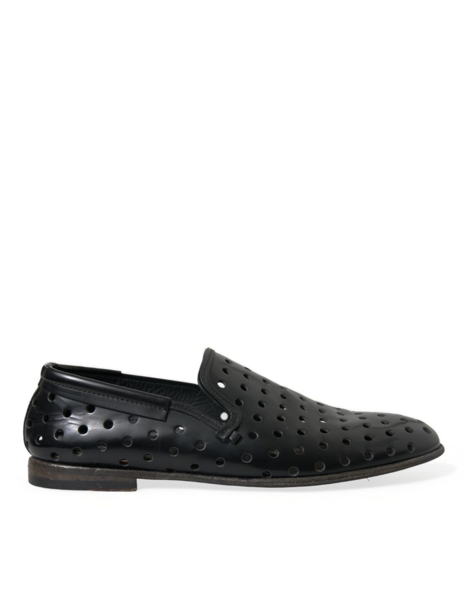 Men Dolce & Gabbana | Dolce & Gabbana Black Leather Perforated Loafers Shoes