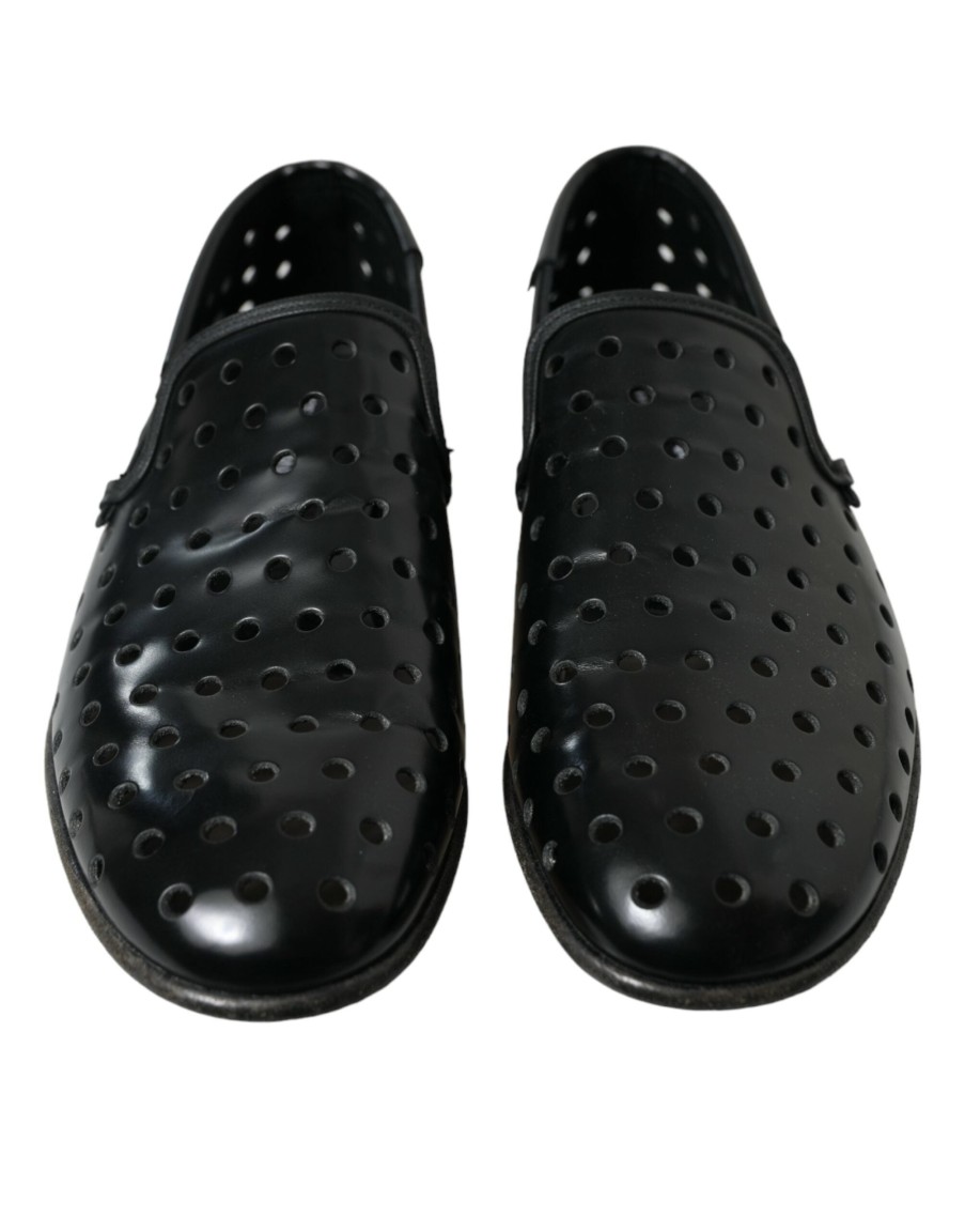 Men Dolce & Gabbana | Dolce & Gabbana Black Leather Perforated Loafers Shoes