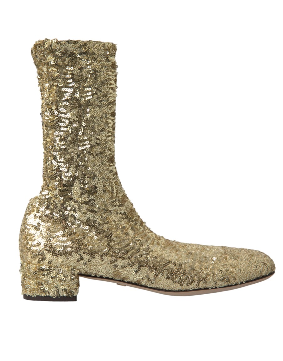 Women Dolce & Gabbana Women'S Boots | Dolce & Gabbana Gold Sequined Short Boots Stretch Shoes