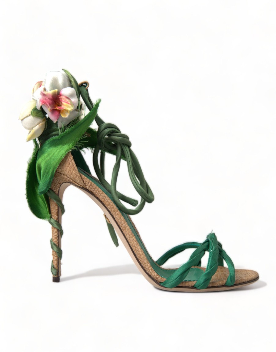 Women Dolce & Gabbana Women'S Sandals | Dolce & Gabbana Green Flower Satin Heels Sandals Shoes