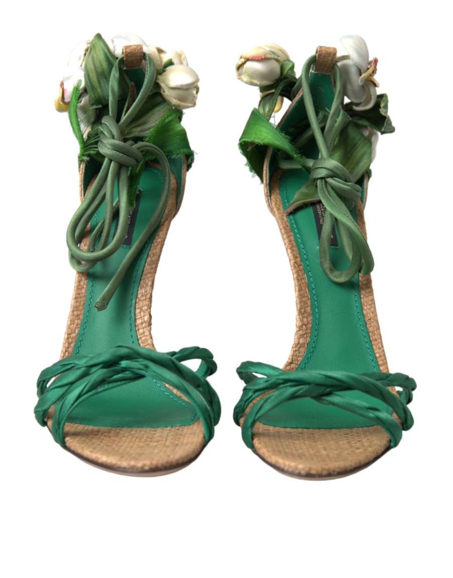 Women Dolce & Gabbana Women'S Sandals | Dolce & Gabbana Green Flower Satin Heels Sandals Shoes