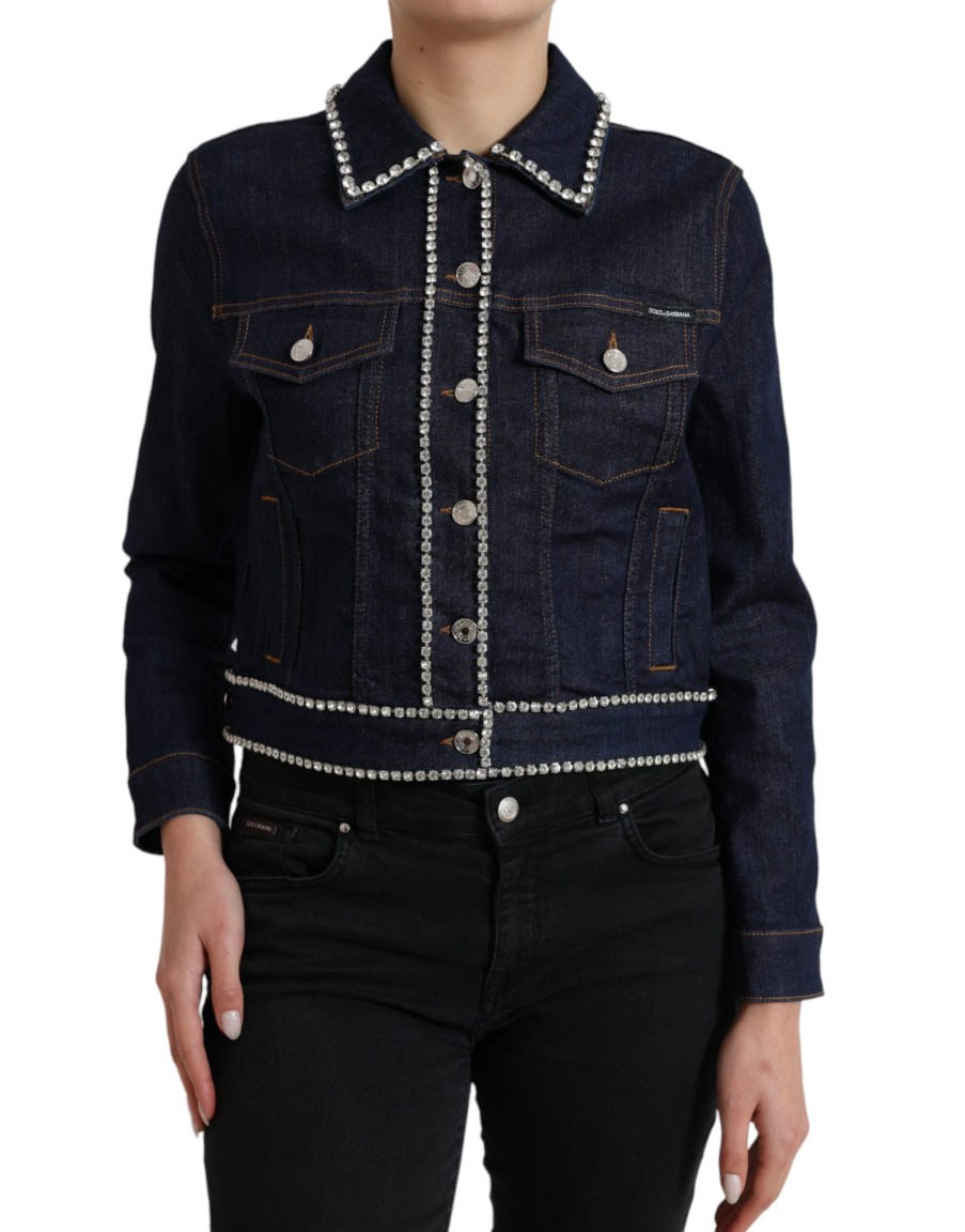 Women Dolce & Gabbana Women'S Jackets & Coats | Dolce & Gabbana Elegant Dark Blue Denim Rhinestone Jacket