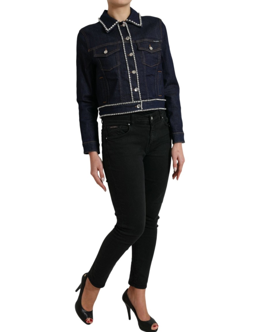 Women Dolce & Gabbana Women'S Jackets & Coats | Dolce & Gabbana Elegant Dark Blue Denim Rhinestone Jacket