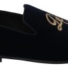 Men Dolce & Gabbana Men'S Loafers | Dolce & Gabbana Blue Velvet Gold Logo Slipper Loafers Shoes