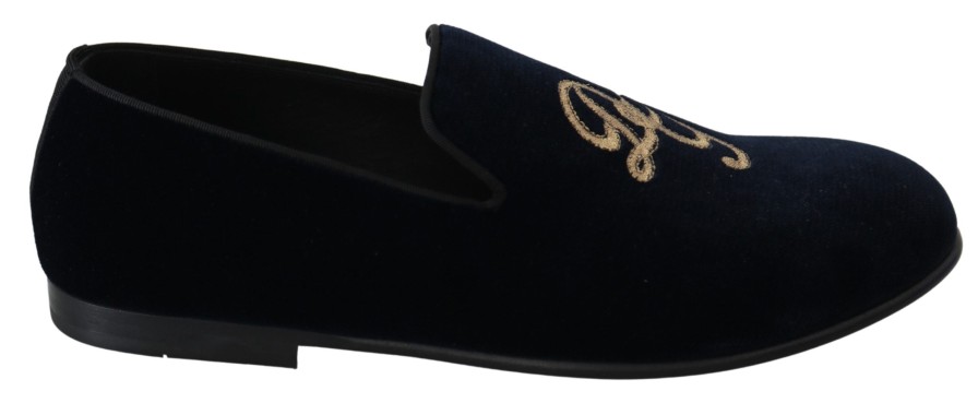 Men Dolce & Gabbana Men'S Loafers | Dolce & Gabbana Blue Velvet Gold Logo Slipper Loafers Shoes