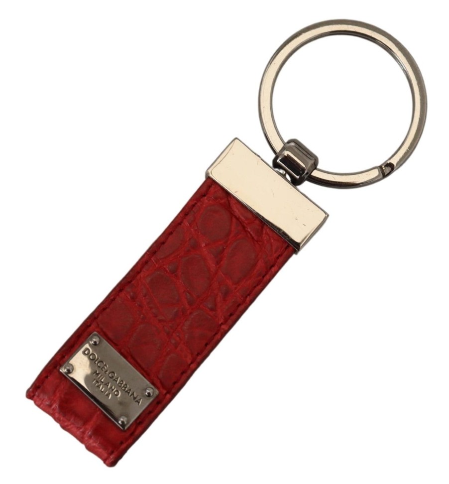 Women Dolce & Gabbana Women'S Keychains | Dolce & Gabbana Red Leather Logo Plaque Silver Brass Keychain