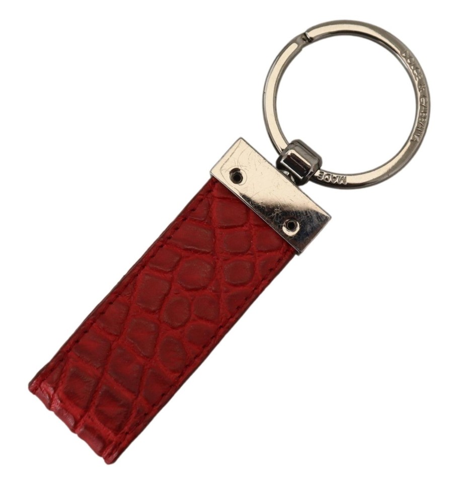 Women Dolce & Gabbana Women'S Keychains | Dolce & Gabbana Red Leather Logo Plaque Silver Brass Keychain