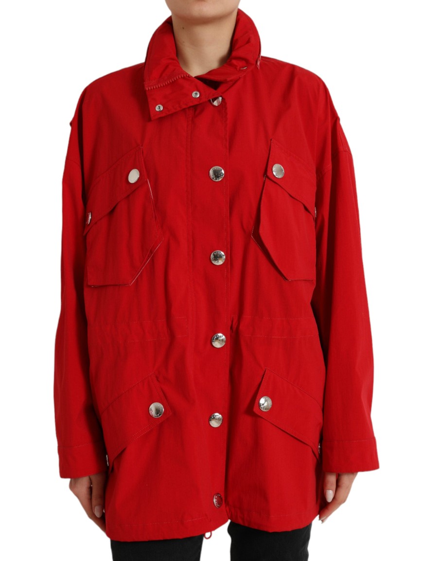 Women Dolce & Gabbana Women'S Jackets & Coats | Dolce & Gabbana Red Polyester Hooded Button Rain Coat Jacket