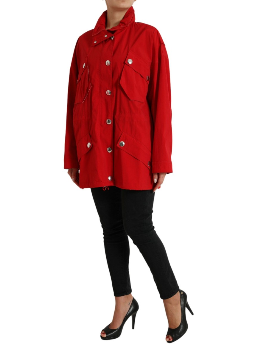 Women Dolce & Gabbana Women'S Jackets & Coats | Dolce & Gabbana Red Polyester Hooded Button Rain Coat Jacket