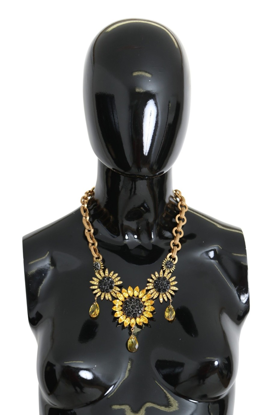 Women Dolce & Gabbana Women'S Necklaces | Dolce & Gabbana Gold Brass Chain Crystal Sunlower Pendants Necklace