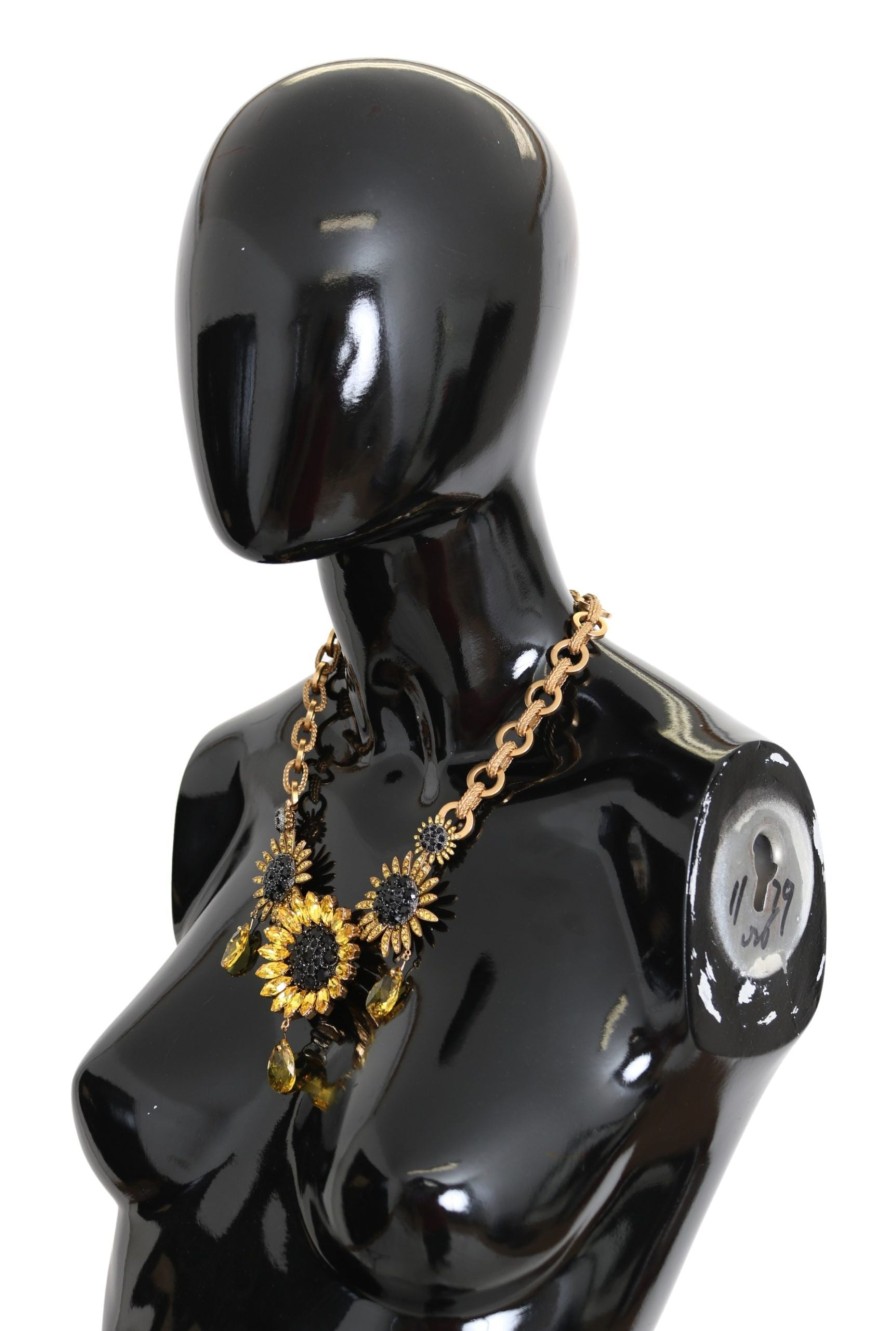 Women Dolce & Gabbana Women'S Necklaces | Dolce & Gabbana Gold Brass Chain Crystal Sunlower Pendants Necklace