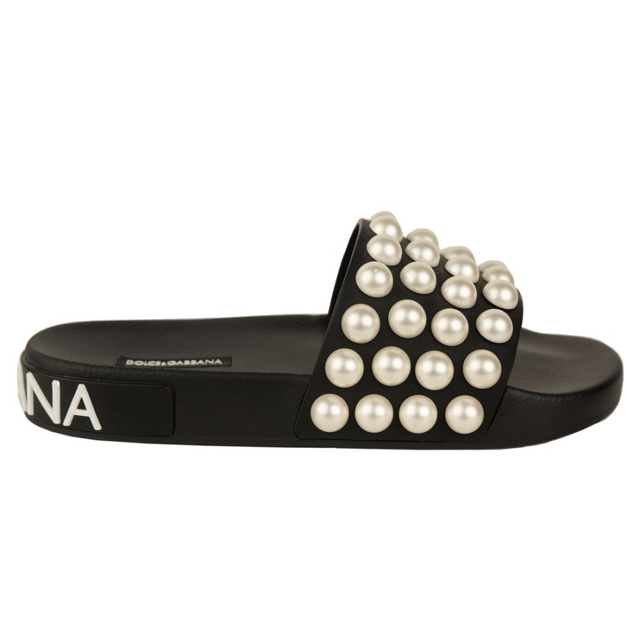 Women Dolce & Gabbana Women'S Sandals | Dolce & Gabbana Chic Black Leather Slippers With Pearl Detail