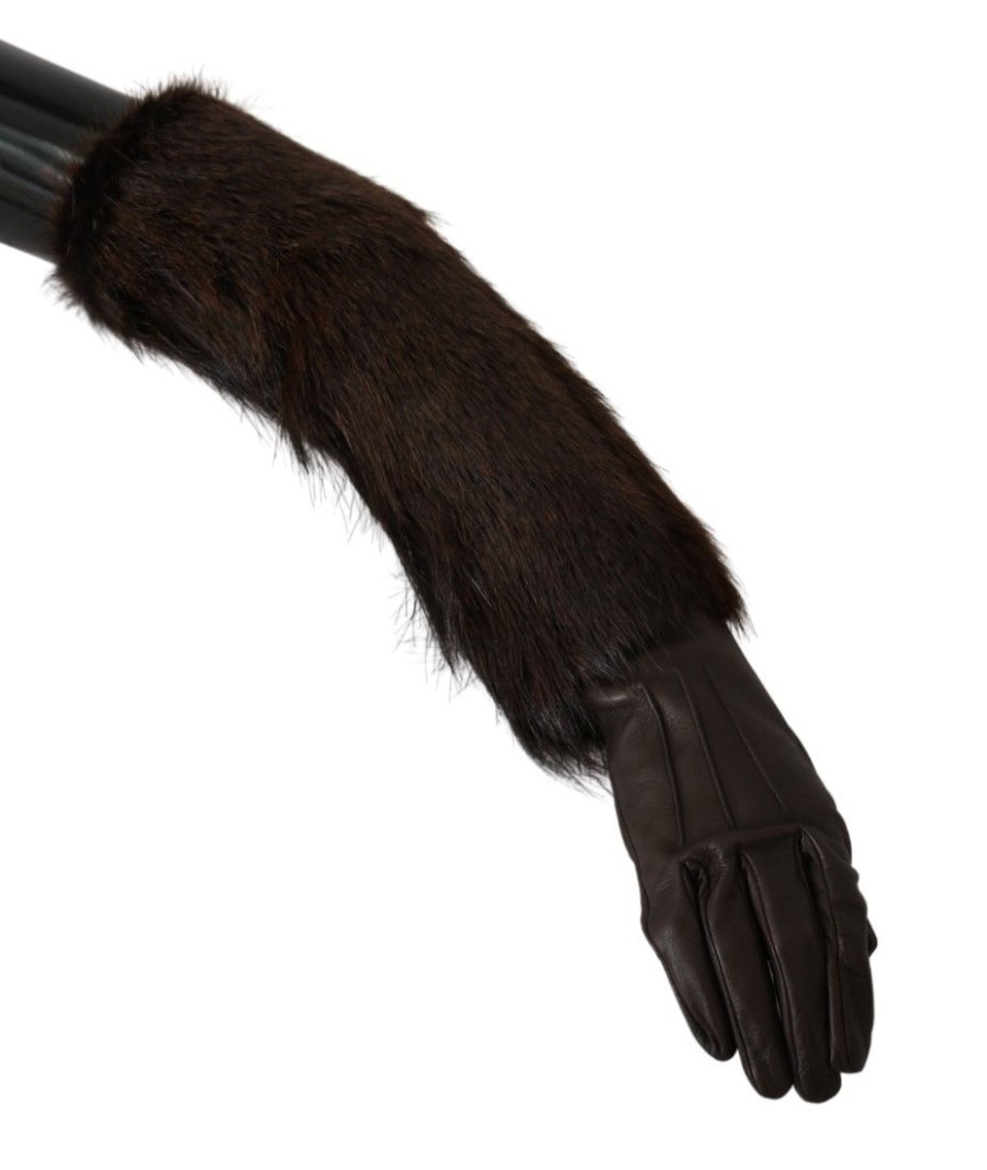 Women Dolce & Gabbana Women'S Gloves | Dolce & Gabbana Brown Elbow Length Mittens Leather Fur Gloves