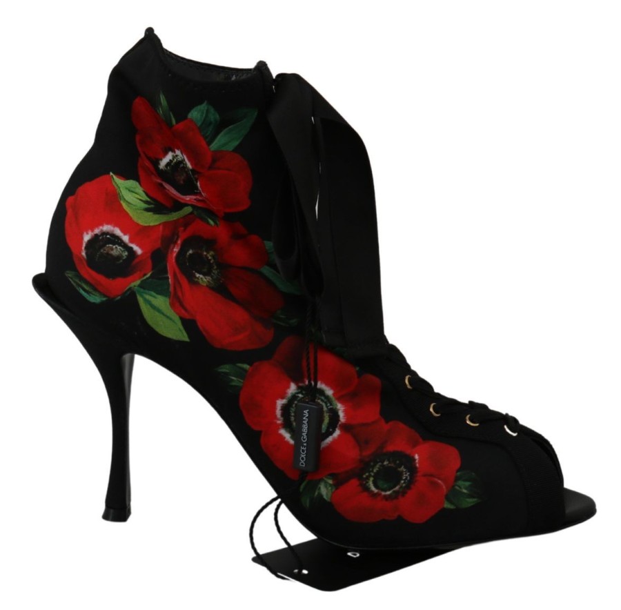 Women Dolce & Gabbana Women'S Boots | Dolce & Gabbana Black Red Roses Ankle Booties Shoes