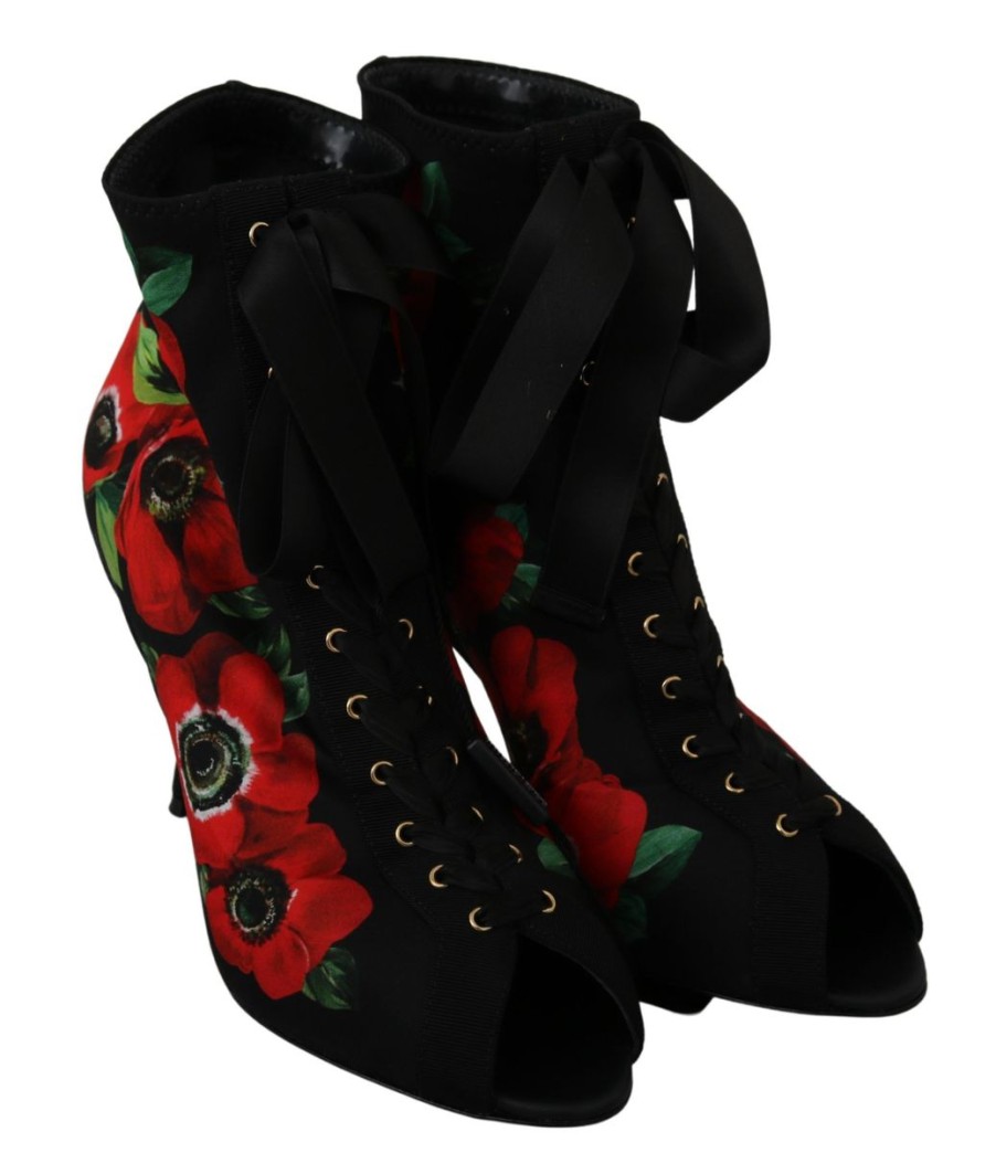 Women Dolce & Gabbana Women'S Boots | Dolce & Gabbana Black Red Roses Ankle Booties Shoes