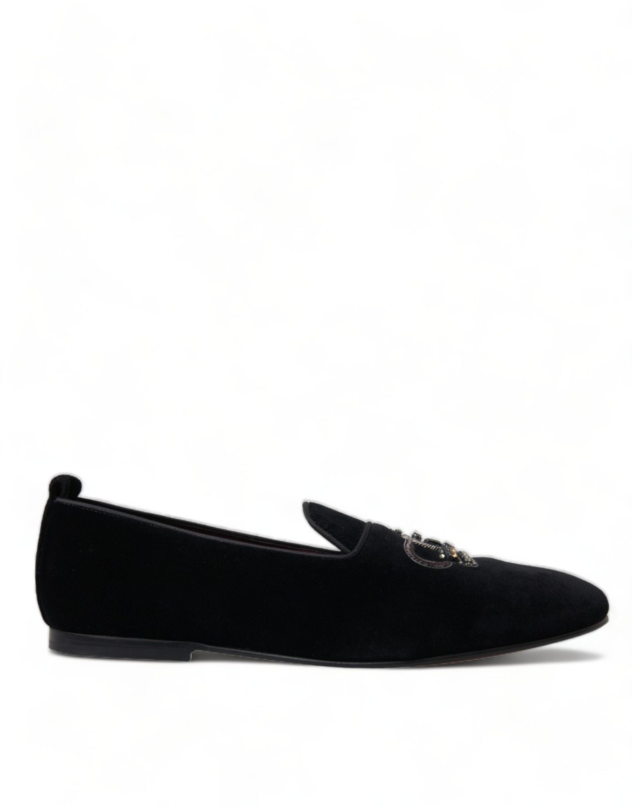 Men Dolce & Gabbana Men'S Loafers | Dolce & Gabbana Black Velvet Crystal Crown Loafers Dress Shoes