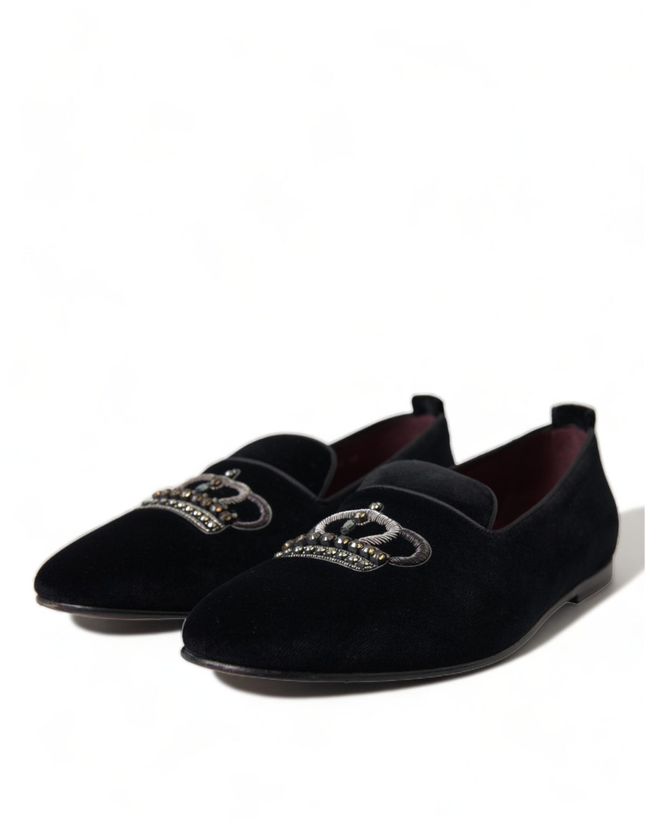 Men Dolce & Gabbana Men'S Loafers | Dolce & Gabbana Black Velvet Crystal Crown Loafers Dress Shoes