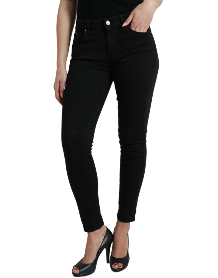 Women Dolce & Gabbana Women'S Pants & Jeans | Dolce & Gabbana Black Cotton Mid Waist Skinny Denim Jeans