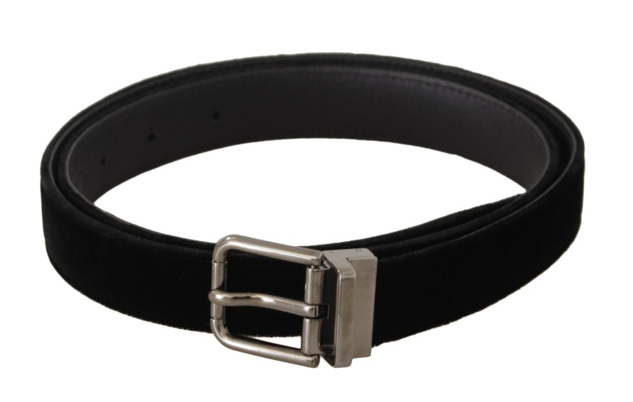 Men Dolce & Gabbana Men'S Belts | Dolce & Gabbana Black Classic Velvet Logo Engraved Metal Buckle Belt