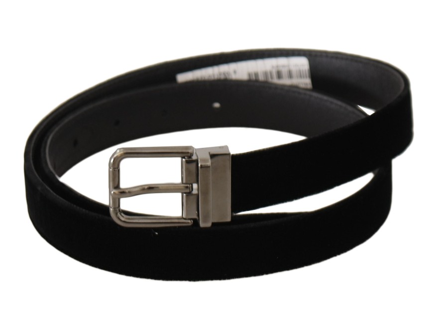 Men Dolce & Gabbana Men'S Belts | Dolce & Gabbana Black Classic Velvet Logo Engraved Metal Buckle Belt