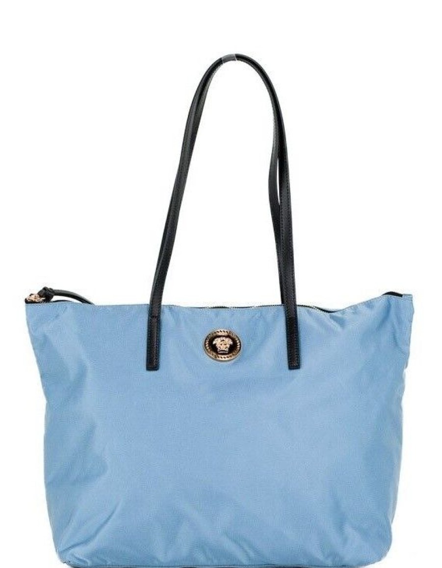 Women Versace Women'S Tote Bags | Versace Portuna Medusa Medium Cornflower Blue Nylon Leather Tote Bag P