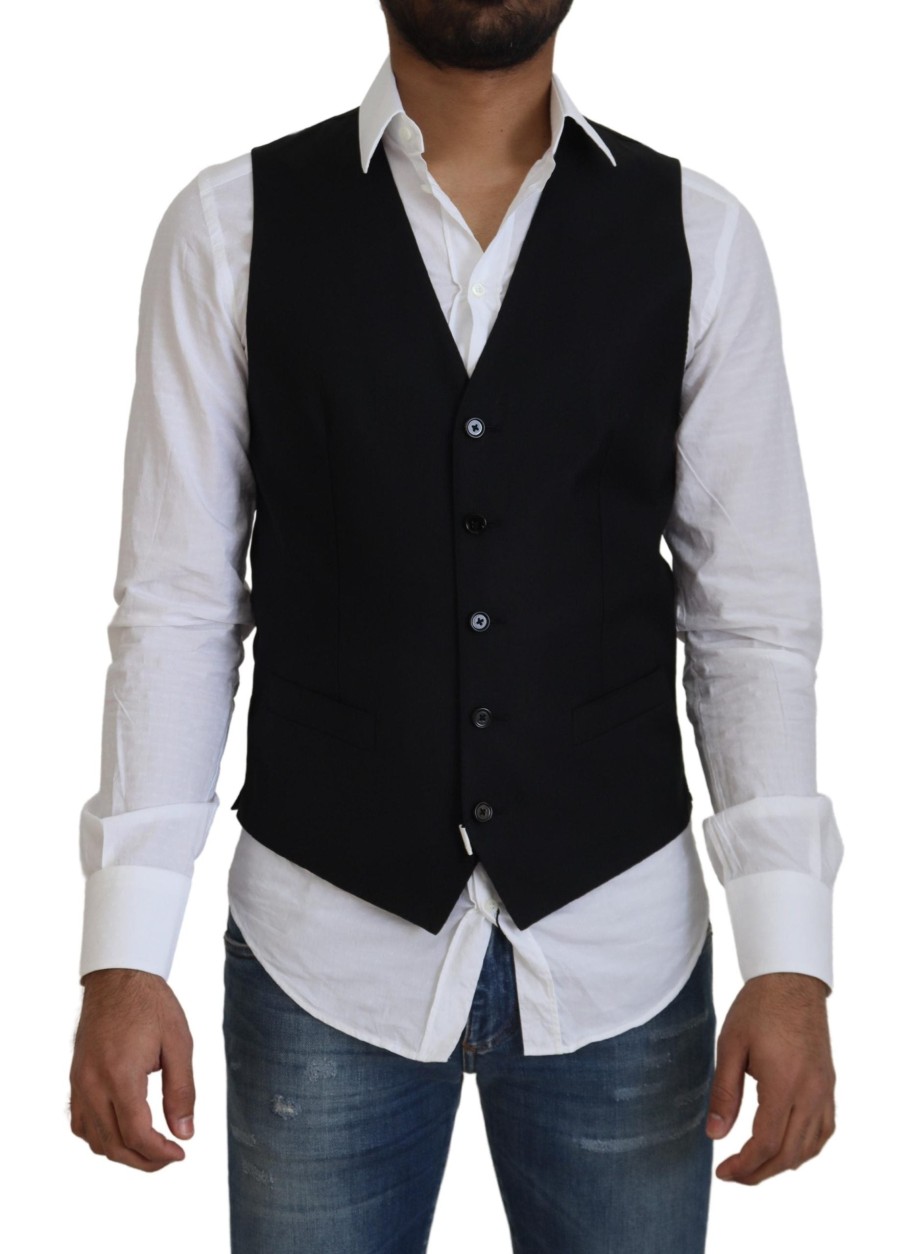 Men Dolce & Gabbana Men'S Vests | Dolce & Gabbana Black Wool Stretch Waistcoat Formal Vest