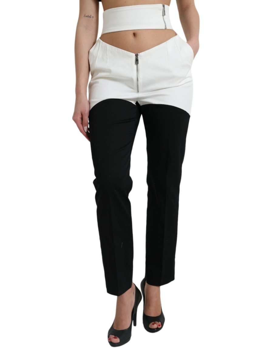 Women Dolce & Gabbana Women'S Pants & Jeans | Dolce & Gabbana Black White Cotton Cut Out Waist Tapered Pants