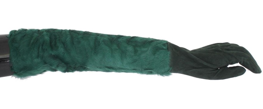 Women Dolce & Gabbana Women'S Gloves | Dolce & Gabbana Green Leather Xiangao Fur Elbow Gloves