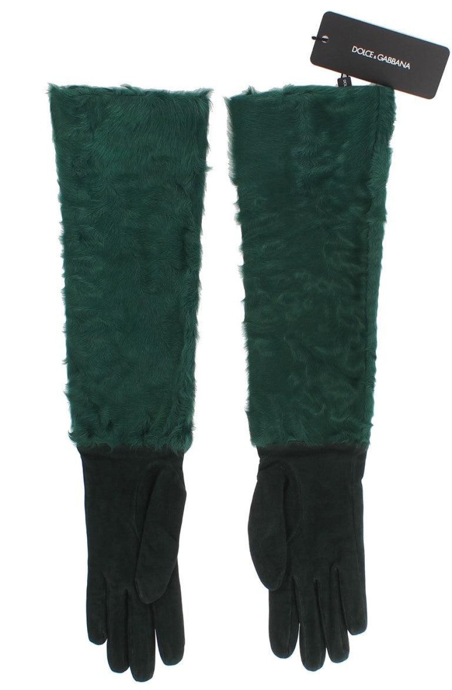 Women Dolce & Gabbana Women'S Gloves | Dolce & Gabbana Green Leather Xiangao Fur Elbow Gloves