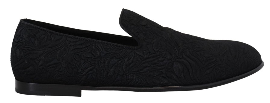 Men Dolce & Gabbana Men'S Formal | Dolce & Gabbana Black Floral Jacquard Slippers Loafers Shoes