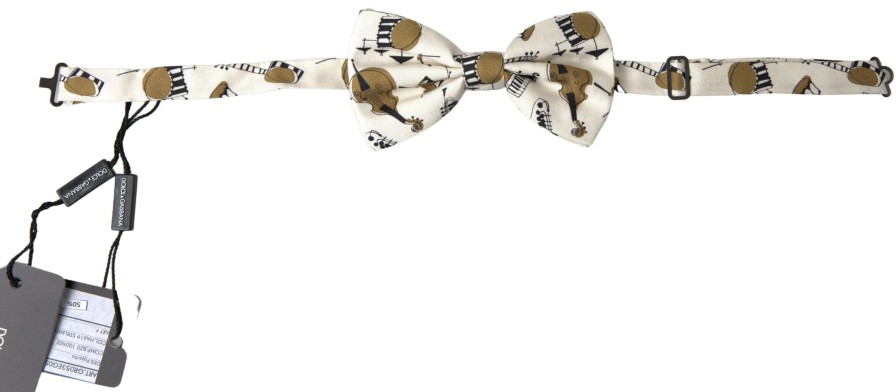 Men Dolce & Gabbana Men'S Ties & Bowties | Dolce & Gabbana Beige Musical Instrument Print Neck Papillon Bow Tie