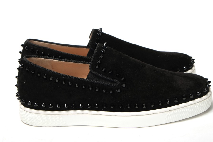 Men Christian Louboutin Men'S Loafers | Christian Louboutin Black Pik Boat Flat Veau Shoes