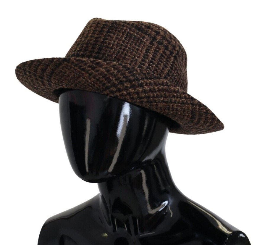 Women Dolce & Gabbana Women'S Hats | Dolce & Gabbana Brown Tweed Wool Logo Fedora Trilby Hat