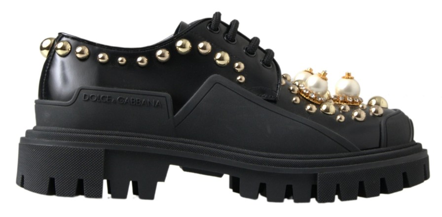 Women Dolce & Gabbana Women'S Flat Shoes | Dolce & Gabbana Black Leather Faux Pearl Studded Dress Shoes