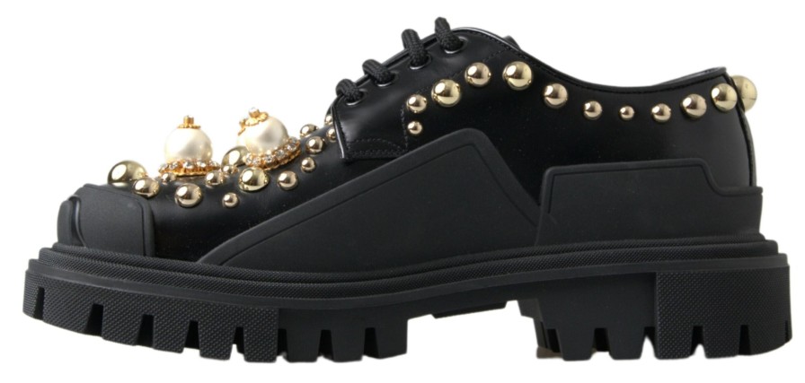 Women Dolce & Gabbana Women'S Flat Shoes | Dolce & Gabbana Black Leather Faux Pearl Studded Dress Shoes