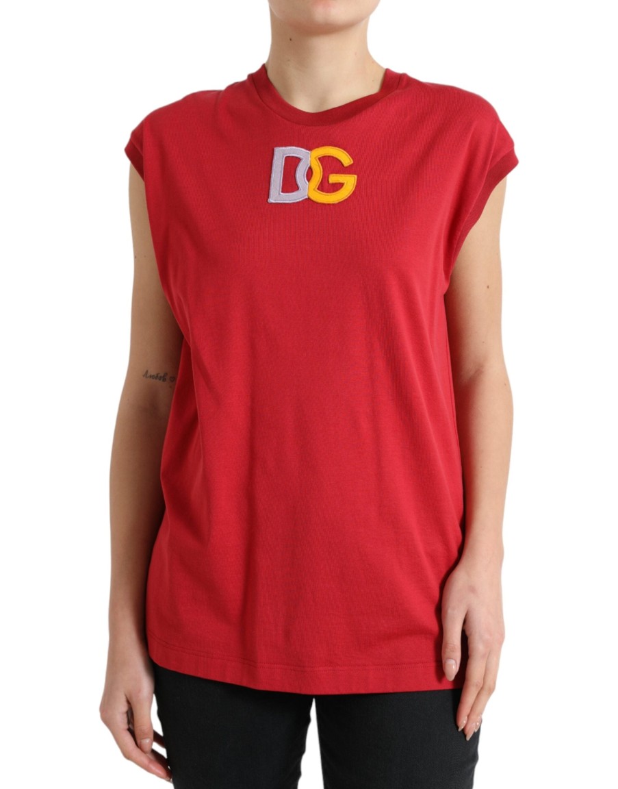 Women Dolce & Gabbana Women'S Tops & T-Shirts | Dolce & Gabbana Red Cotton Dg Logo Crew Neck Tank Top T-Shirt