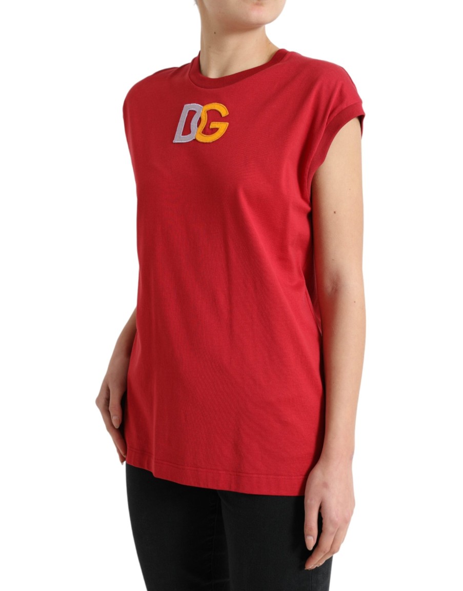 Women Dolce & Gabbana Women'S Tops & T-Shirts | Dolce & Gabbana Red Cotton Dg Logo Crew Neck Tank Top T-Shirt