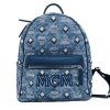 Women MCM Women Backpacks | Mcm Stark Small Blue Vintage Jacquard Monogram Logo Fabric Backpack Bo