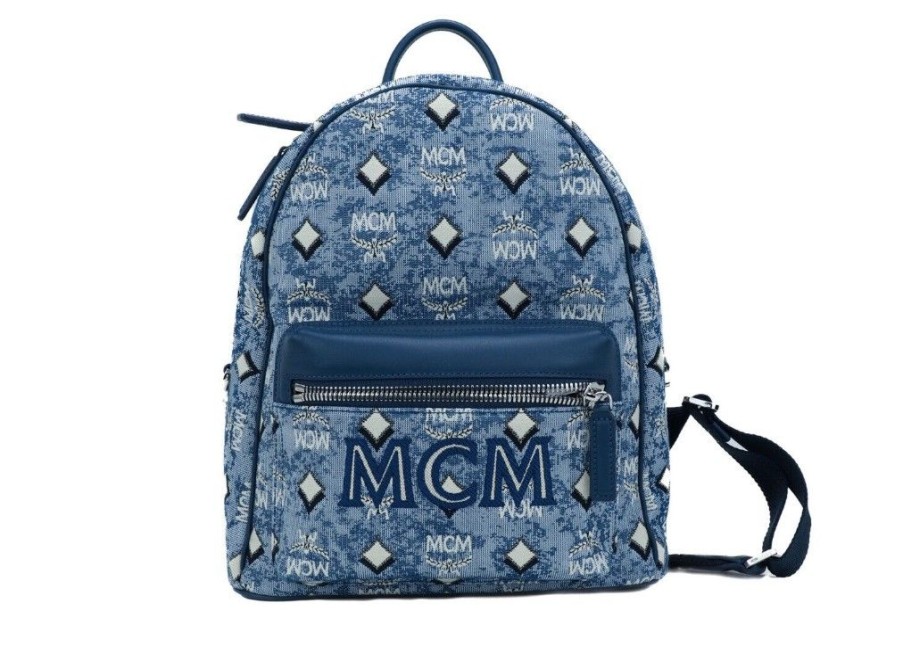 Women MCM Women Backpacks | Mcm Stark Small Blue Vintage Jacquard Monogram Logo Fabric Backpack Bo