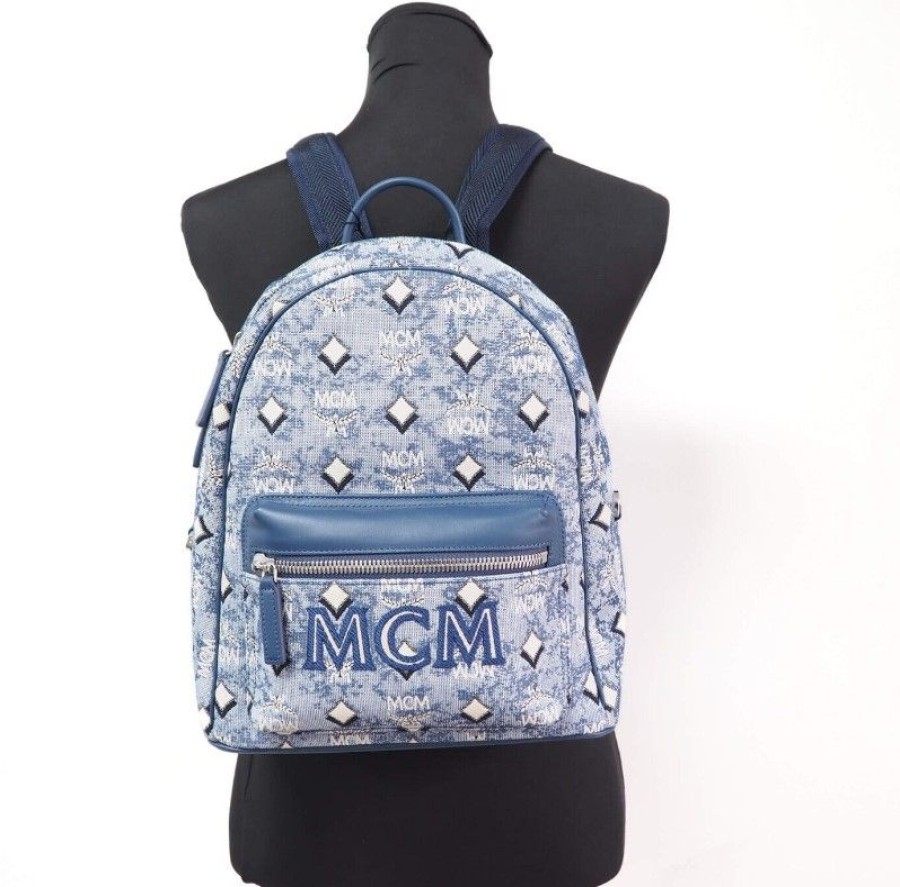 Women MCM Women Backpacks | Mcm Stark Small Blue Vintage Jacquard Monogram Logo Fabric Backpack Bo