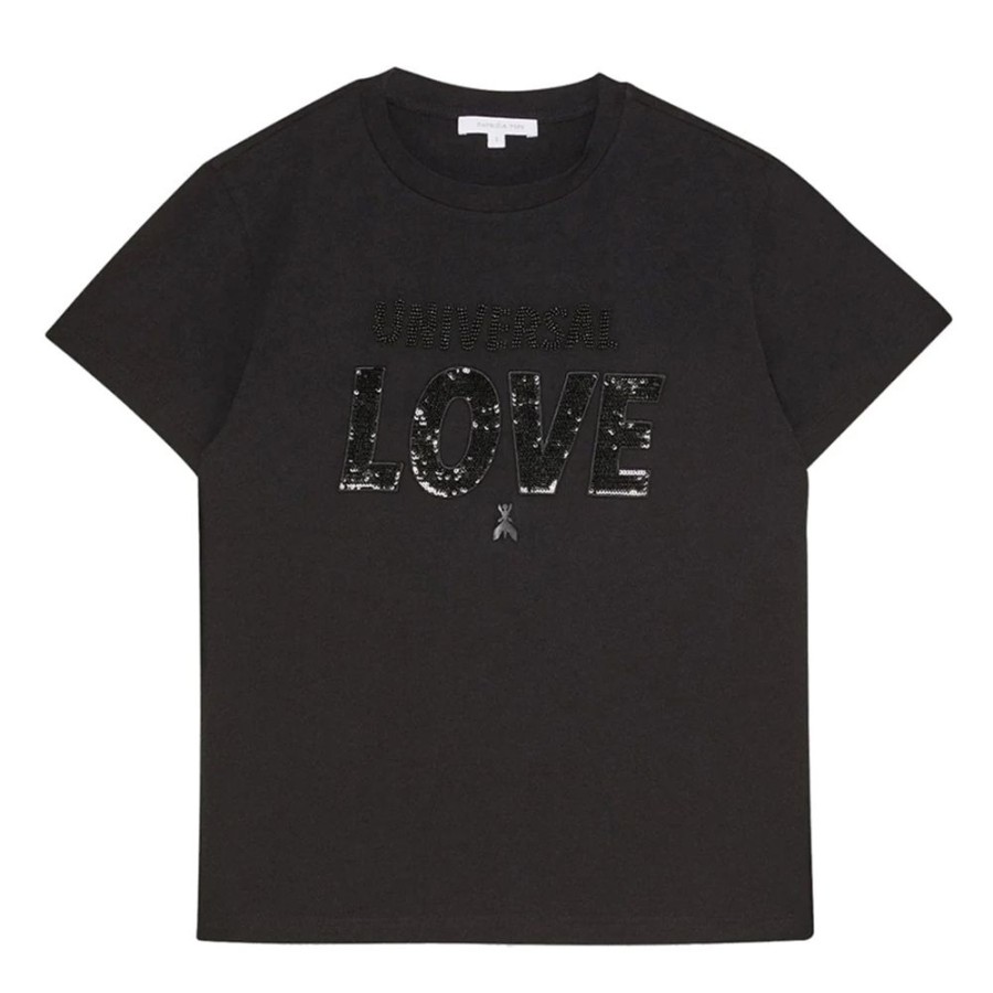 Women Patrizia Pepe Women'S Tops & T-Shirts | Patrizia Pepe Rhinestone Embellished Cotton Tee - Black