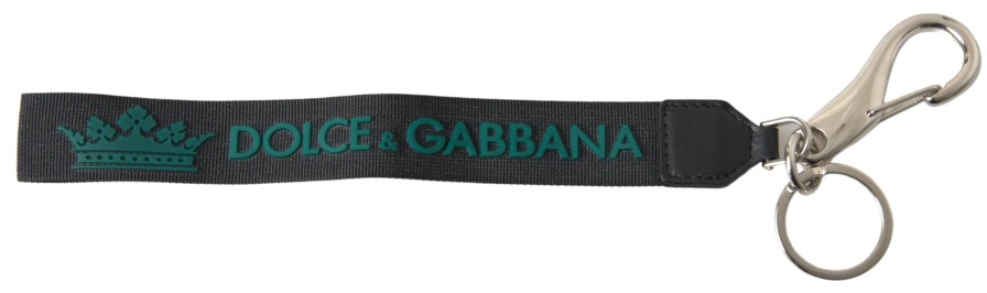 Women Dolce & Gabbana Women'S Keychains | Dolce & Gabbana Black Dg Logo Rubber Silver Tone Metal Keychain