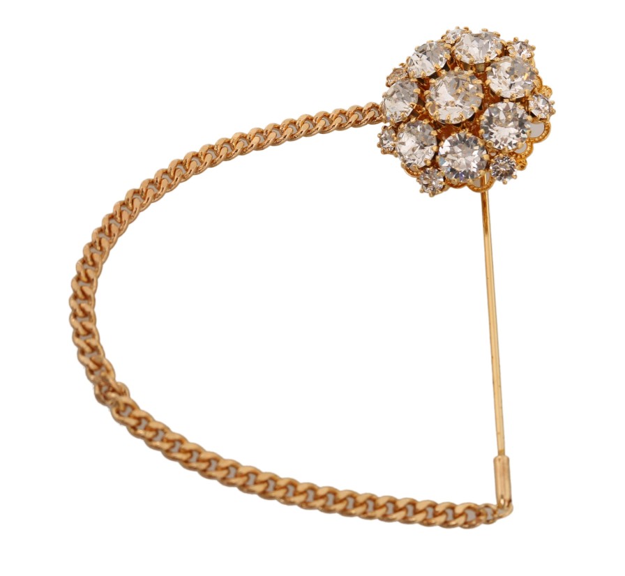 Women Dolce & Gabbana Women'S Brooches | Dolce & Gabbana Gold Brass Clear Crystal Chain Pin Women Brooch