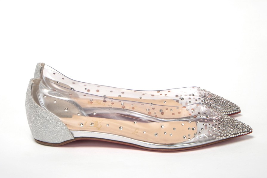 Women Christian Louboutin Women'S Flat Shoes | Christian Louboutin Silver Crystals Flat Point Toe Shoe