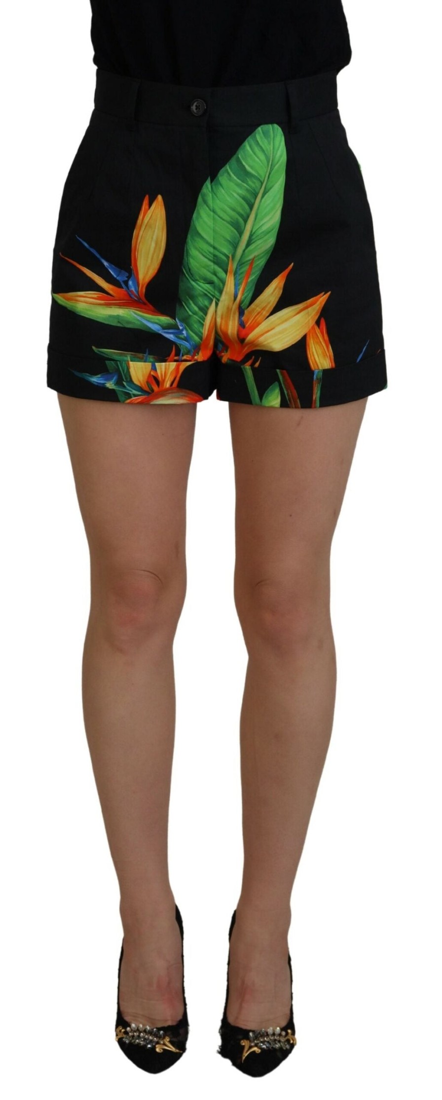 Women Dolce & Gabbana Women'S Shorts | Dolce & Gabbana Black Leaves Print High Waist Hot Pants Shorts