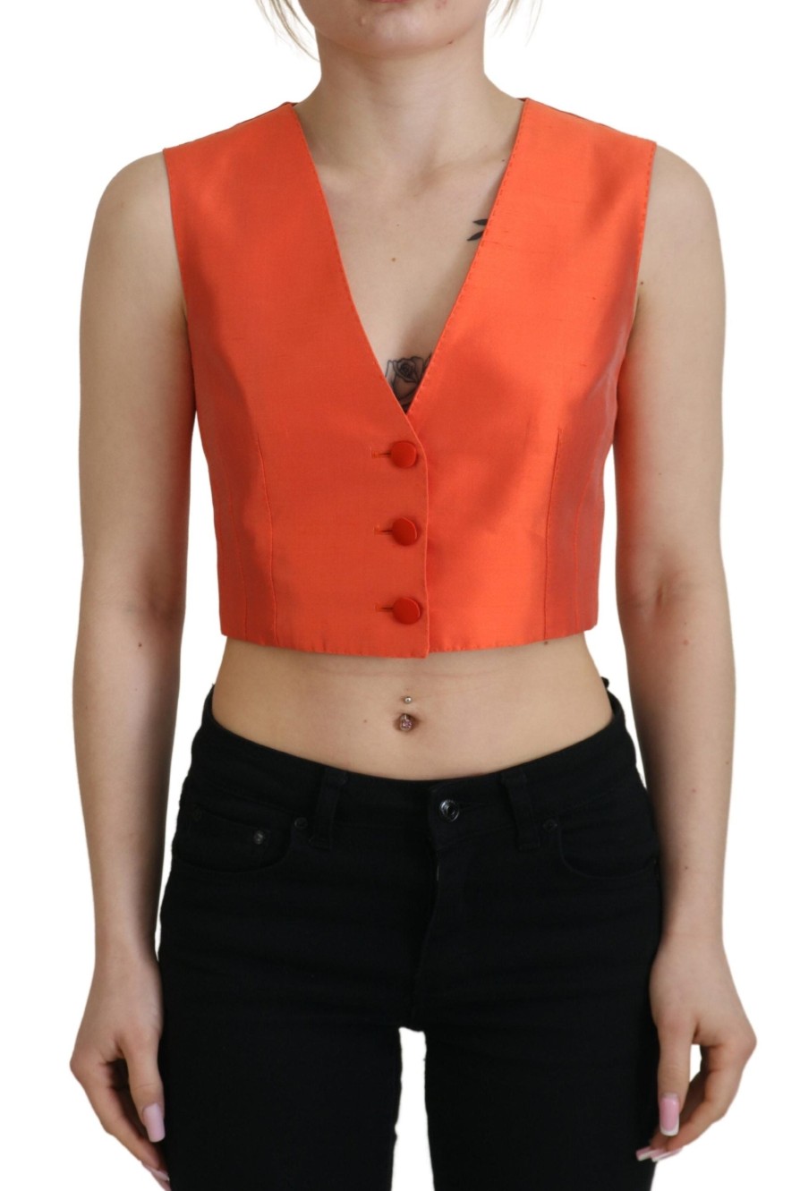 Women Dolce & Gabbana Women'S Vest | Dolce & Gabbana Orange Sleeveless Waistcoat Cropped Vest Top