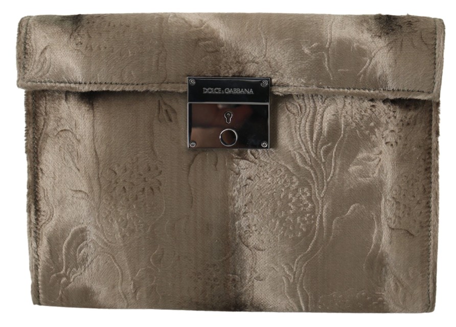 Men Dolce & Gabbana Men'S Messenger Bags | Dolce & Gabbana Beige Velvet Floral Leather Men Document Briefcase